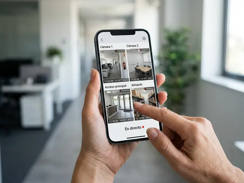Persona visualizando cámaras de seguridad en tiempo real desde el móvil